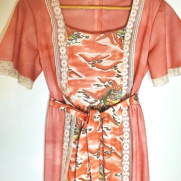 Salmon Vintage Long Dress with Hawaii Print, Lace Trim and Tie Waist - Picture 15 of 15